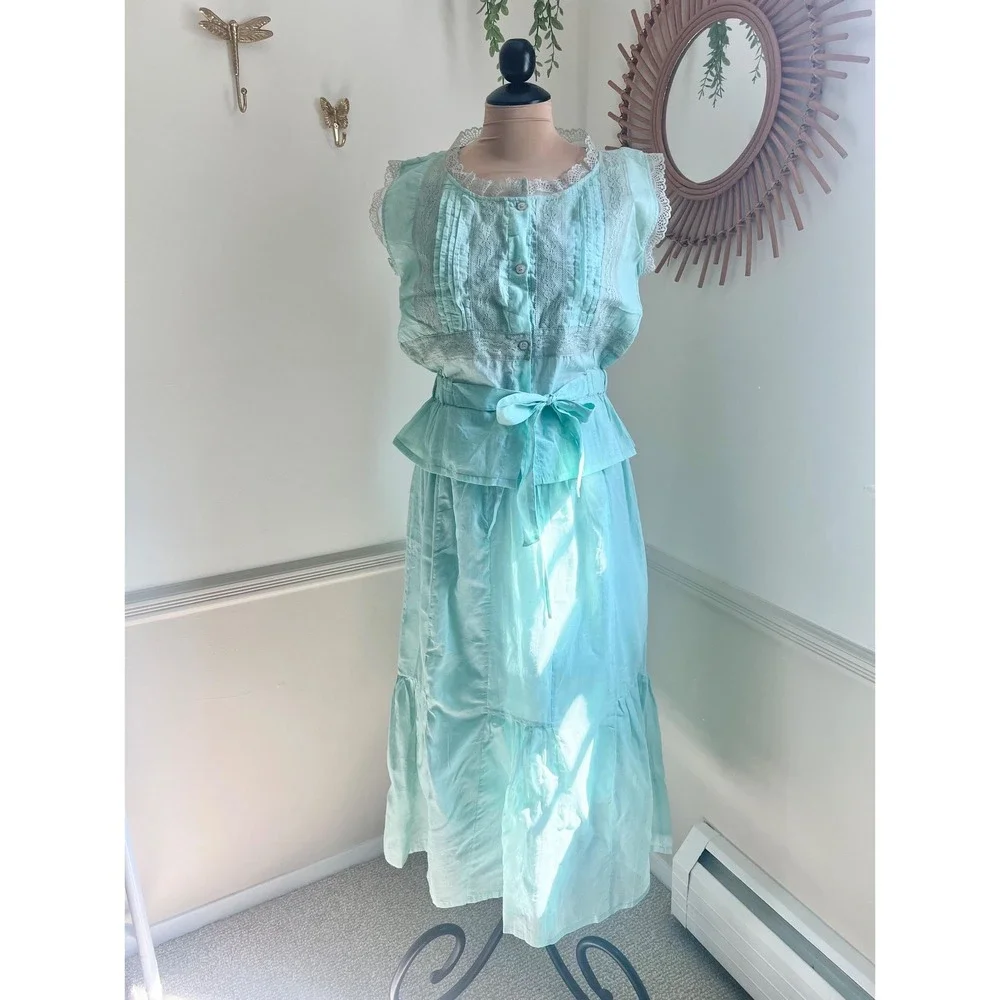 Vintage Chadia Victorian Two‎ Piece Blue Teal Lace Maxi Skirt and Blouse Set